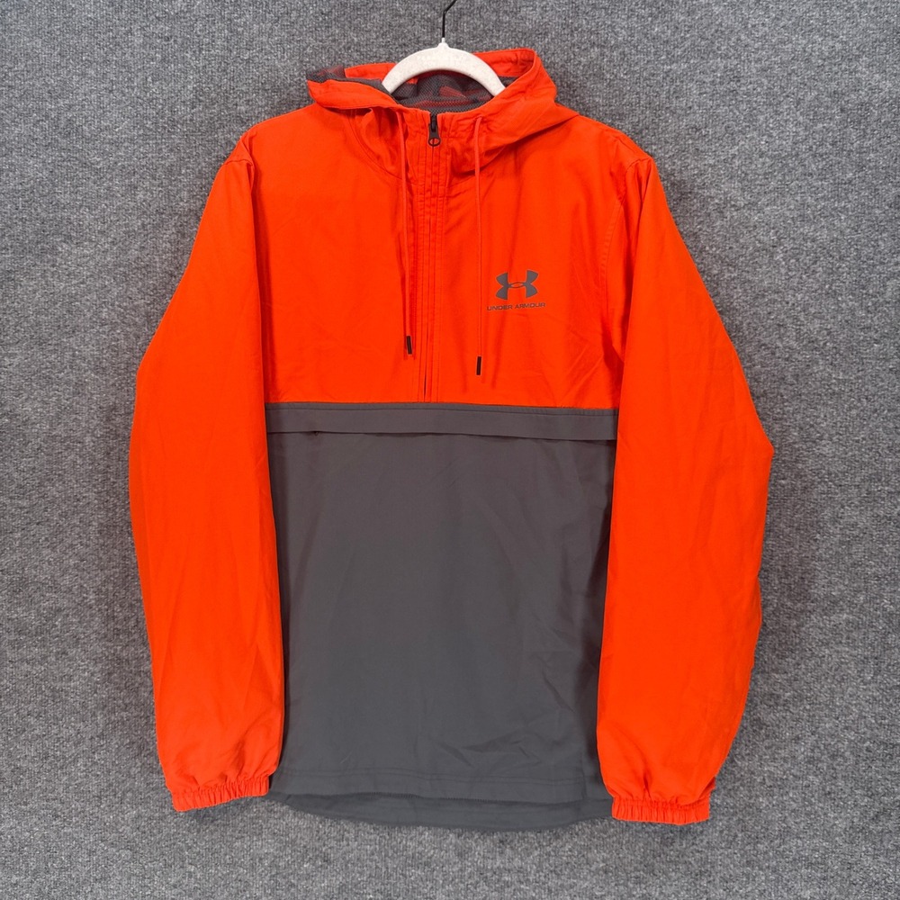 Under Armour Anorak Jacket Mens Medium Orange Gray 1/2 Zip Hooded Windbreaker